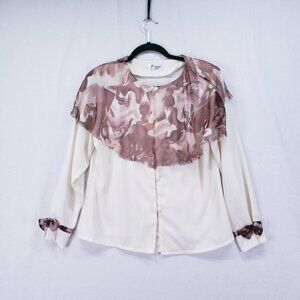 Faiwong Cream Button down Blouse with Sheer Accents Formal Modest Preppy Top